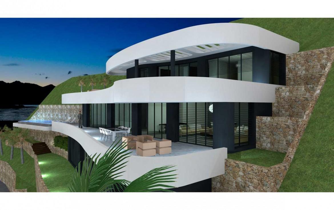 Außenansicht der mehrstöckigen Villa mit geschwungenen weißen Terrassen, bodentiefen Glasfronten und in den Hang integrierten Natursteinmauern.