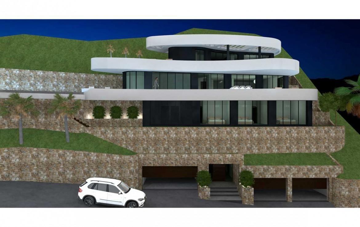 Dreistöckige Außenfassade mit geschwungenen weißen Terrassen, bodentiefen Glasfronten und Natursteinmauern. Die untere Ebene bietet Zugang zu zwei Doppelgaragen.