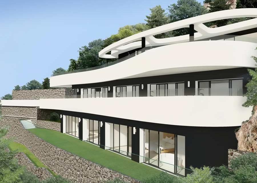 Dreistöckige minimalistische Außenansicht mit geschwungenen weißen Balkonen, bodentiefen Glasfronten und in den Hang integrierten Natursteinmauern.