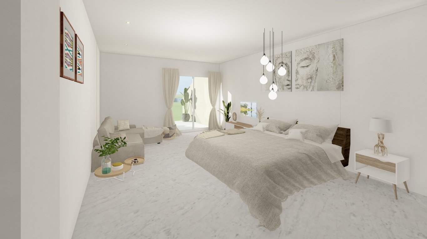 En-Suite-Zimmer mit Marmorboden, integrierter Sitzecke und Zugang zur Terrasse. Minimalistisches Design mit Designer-Pendelleuchten und hellen Naturtönen.