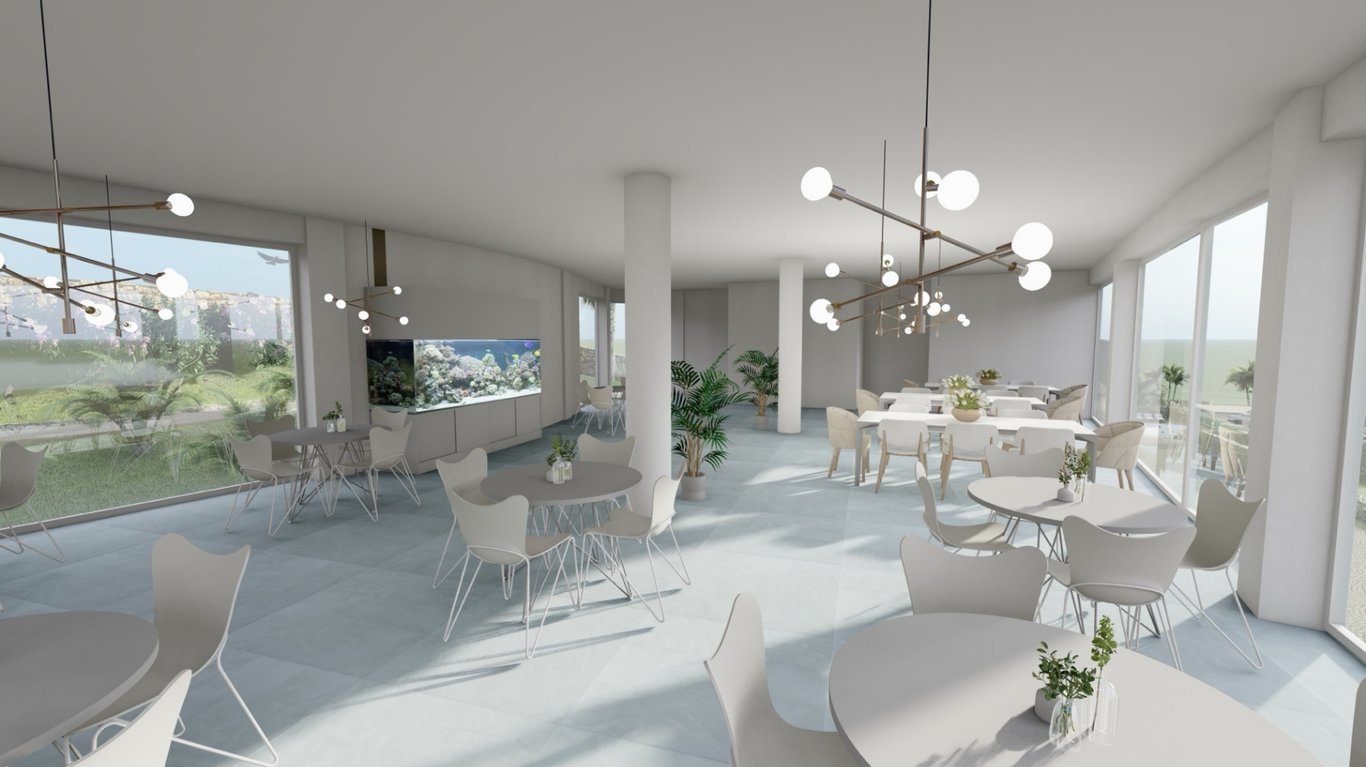Minimalistischer Speisesaal mit bodentiefen Fenstern, modernen Designer-Kronleuchtern, einem großen Aquarium und Blick auf den mediterranen Garten.