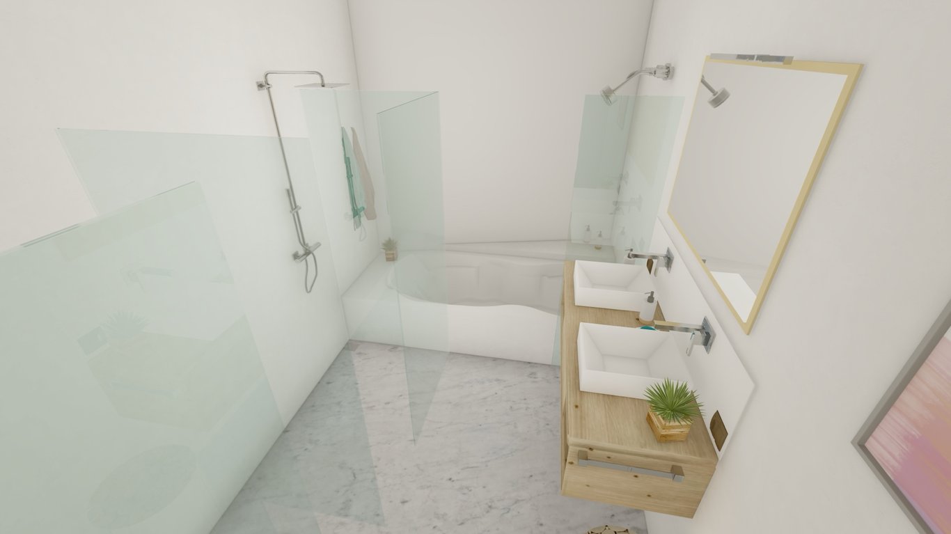 Modernes Badezimmer mit Doppelwaschbecken auf einem schwebenden Holzunterschrank, Glasdusche und integrierter Badewanne. Ausgestattet mit Marmorboden und Chromarmaturen.