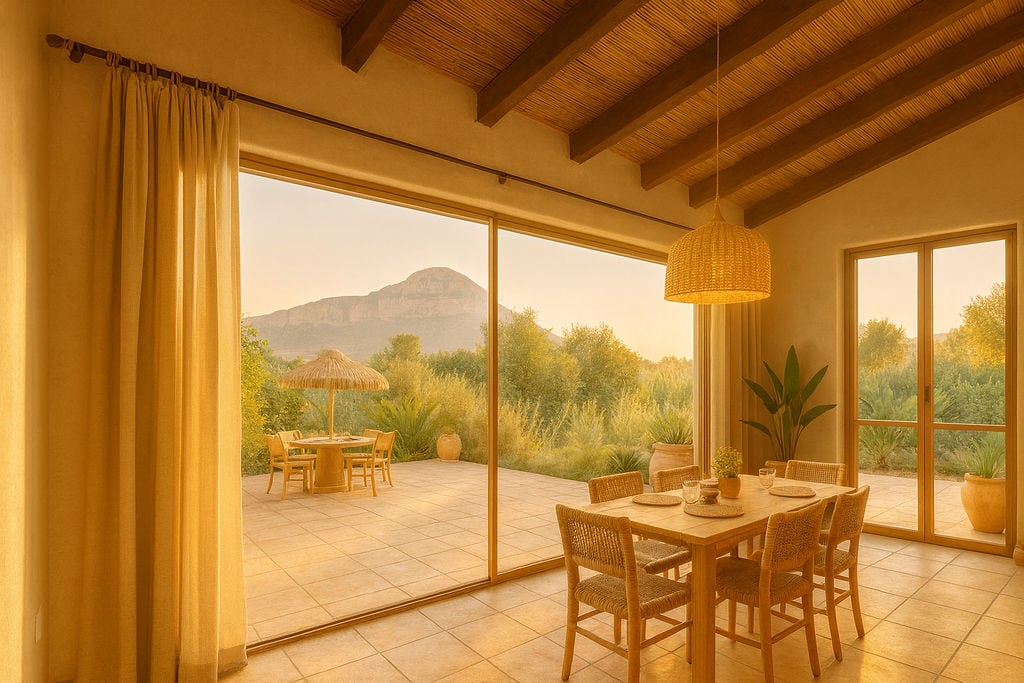 Innen-Essbereich mit Holzbalkendecke und Schilfrohr-Details, mit Blick durch große Glasschiebetüren auf die Terrasse und den Berg Montgó.