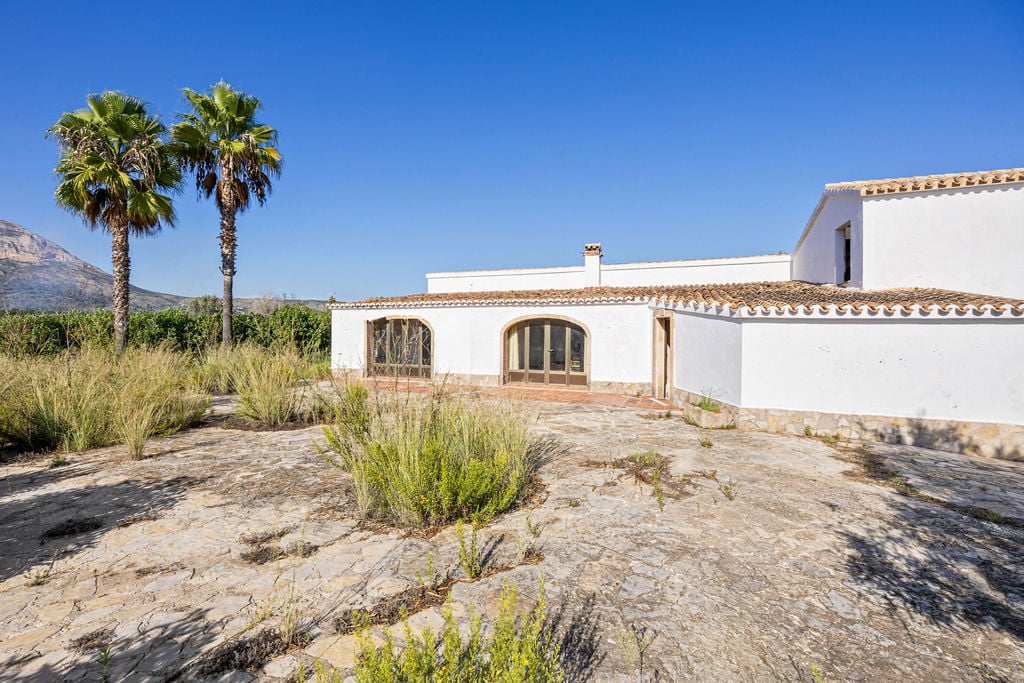 Mediterrane Außenansicht mit weißer Fassade, Ziegeldach und großer Natursteinterrasse, ergänzt durch Palmen und Blick auf die Berge.