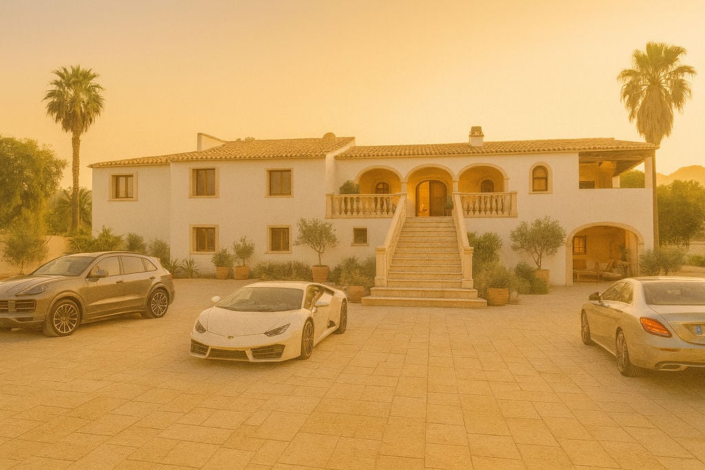 Mediterrane Hauptfassade mit einer imposanten Steintreppe, traditionellen Rundbögen und einem weitläufigen gepflasterten Vorplatz mit Palmen.