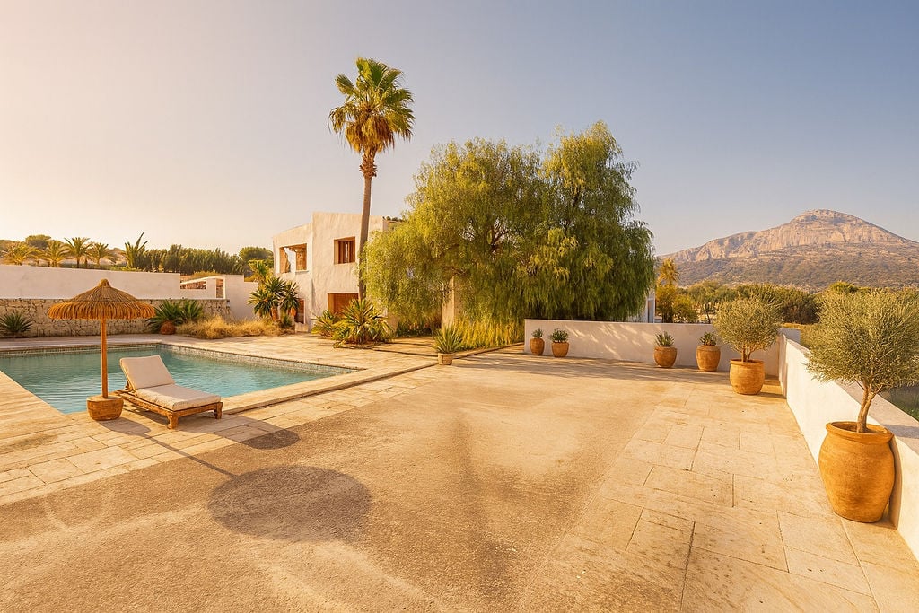 Natursteinterrasse mit Pool und mediterraner Bepflanzung, mit Blick auf den Montgó und weiß getünchter Architektur sowie Terrakotta-Pflanzgefäßen.