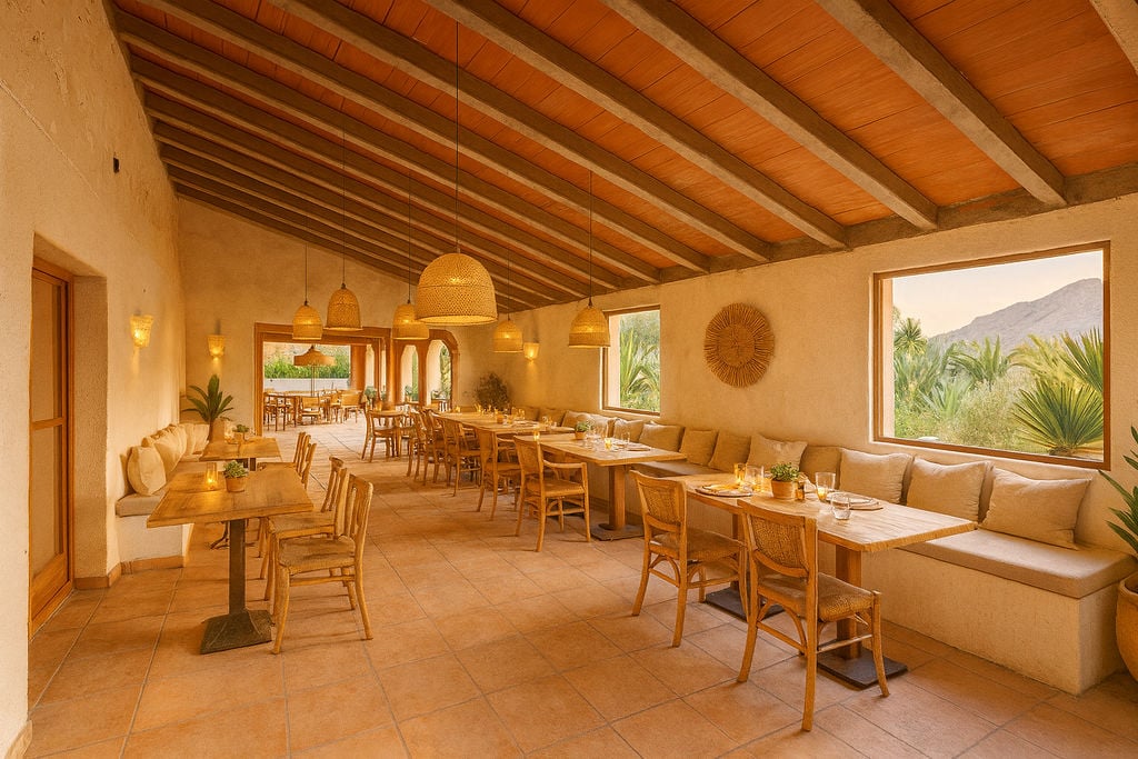 Speisesaal mit sichtbaren Holzbalken, Rattanmöbeln und großen Fenstern, die den Blick auf die mediterrane Flora und die Berge freigeben.