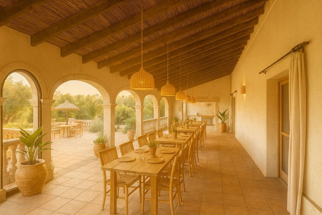 Traditionelle überdachte Terrasse mit Steinbögen, Holzbalkendecke und Schilfgeflecht. Ausgestattet mit Holzmöbeln und geflochtenen Pendelleuchten.