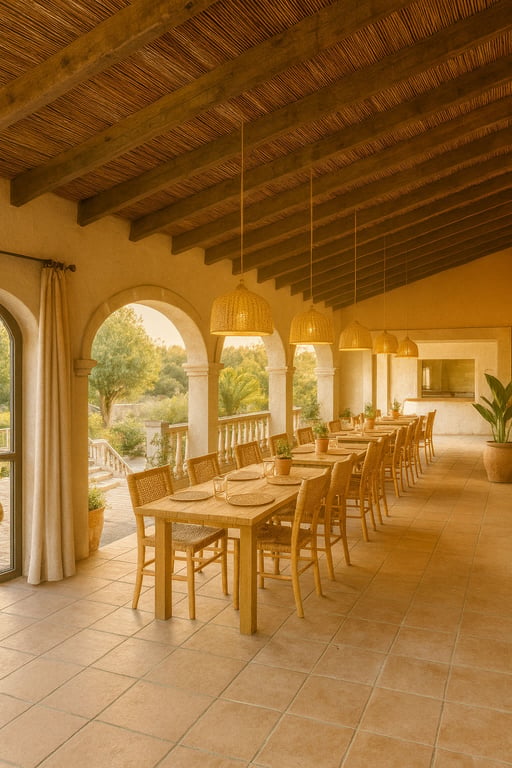 Überdachte Terrasse mit Holzbalken, Schilfrohrdecke und langen Holztischen mit Korbstühlen, gesäumt von Steinbögen mit Blick auf den mediterranen Garten.