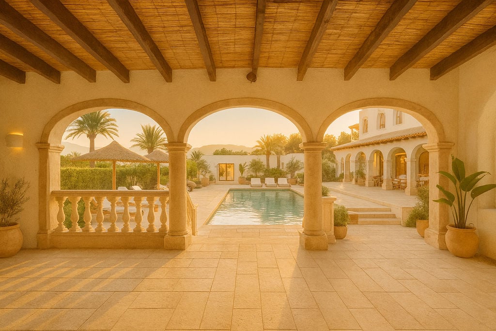 Überdachte Terrasse mit Steinbögen und Holzbalkendecke, mit Blick auf den Außenpool und die mediterrane Gartenanlage im Abendlicht.