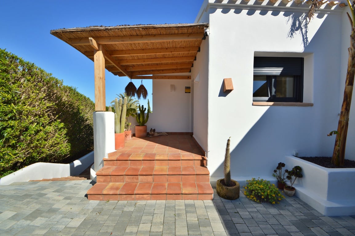 Eingang im Ibiza-Stil mit Holzpergola, Schilfdach, Terrakottastufen und Kakteen vor einer minimalistischen weißen Fassade.