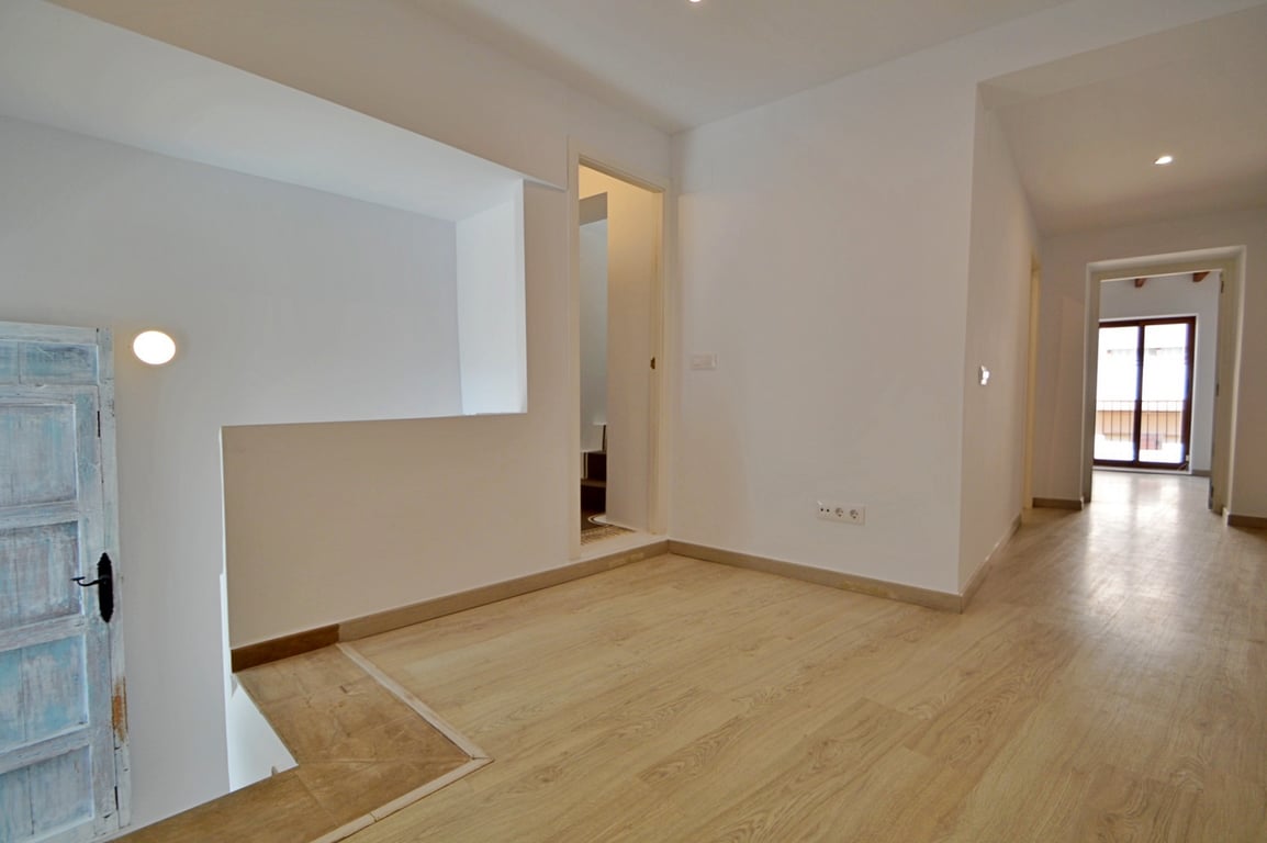 Heller Flur mit hellem Holzboden, weißen Wänden und einer restaurierten rustikalen Tür, die den modernen Renovierungsstil ergänzt.