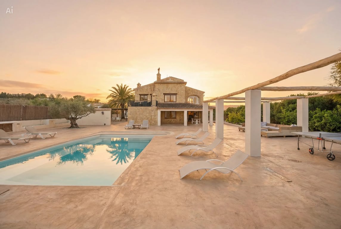 Außenansicht der Villa bei Sonnenuntergang mit dem 5x10m Pool, der weitläufigen Terrasse mit Liegestühlen und der Pergola mit Holzbalken vor der Steinfassade.