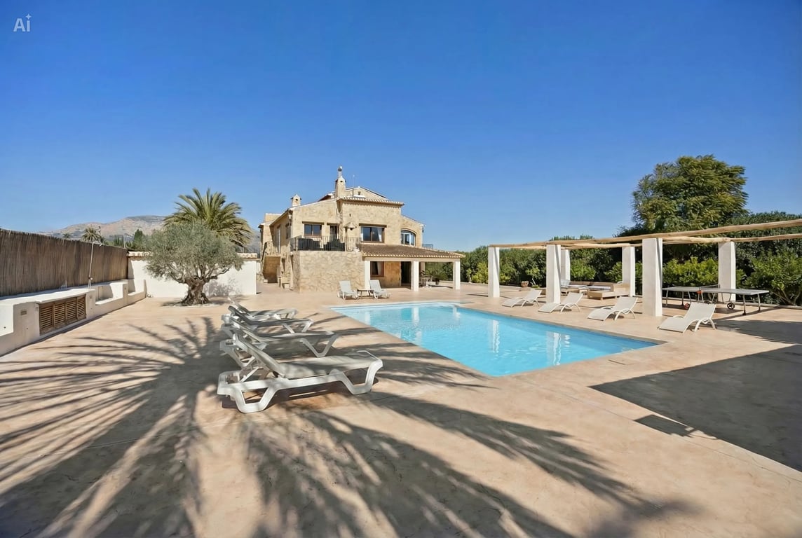 Ein 5x10 Meter großer Pool, umgeben von einer weitläufigen Terrasse mit Liegen, einer Pergola mit weißen Säulen und Blick auf die Steinfassade.
