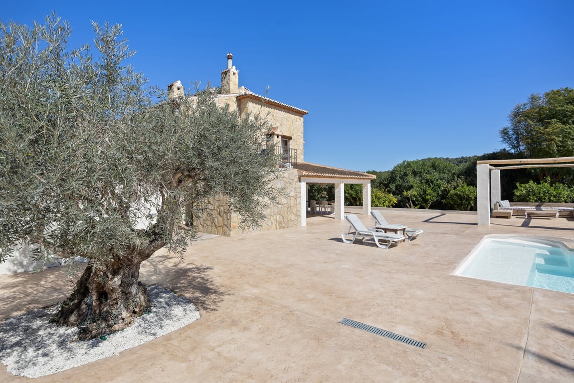 Großzügige Poolterrasse mit altem Olivenbaum, Natursteinfassade und Liegebereich neben der überdachten Naya und einer Pergola aus Holz.