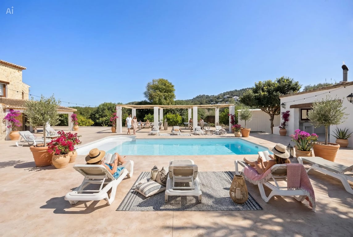 Großzügiger, renovierter 5x10 m Pool, umgeben von einer weitläufigen Terrasse mit Sonnenliegen, mediterranen Kübelpflanzen und einer Pergola mit freiem Ausblick.