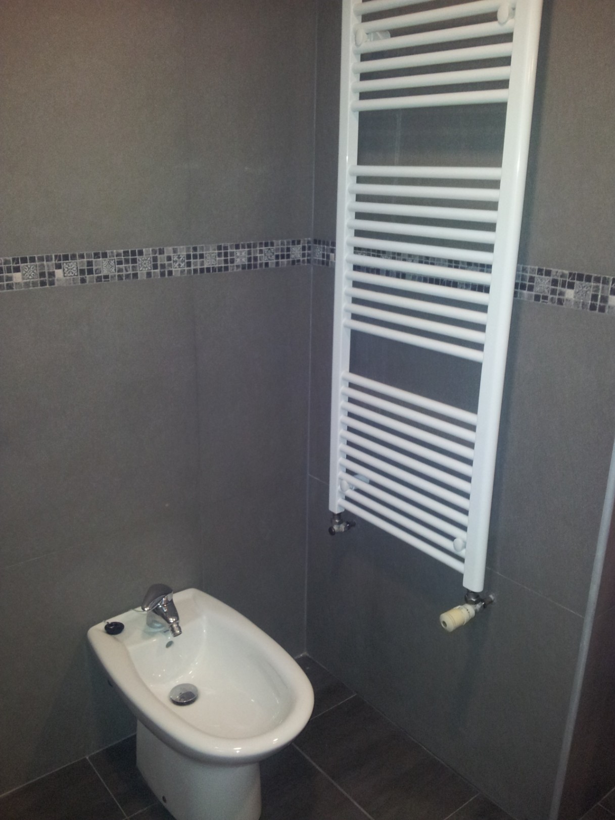 Badezimmerbereich mit weißem Keramik-Bidet und einem Handtuchheizkörper. Die grauen Wandfliesen sind mit einer dekorativen Mosaikbordüre versehen.