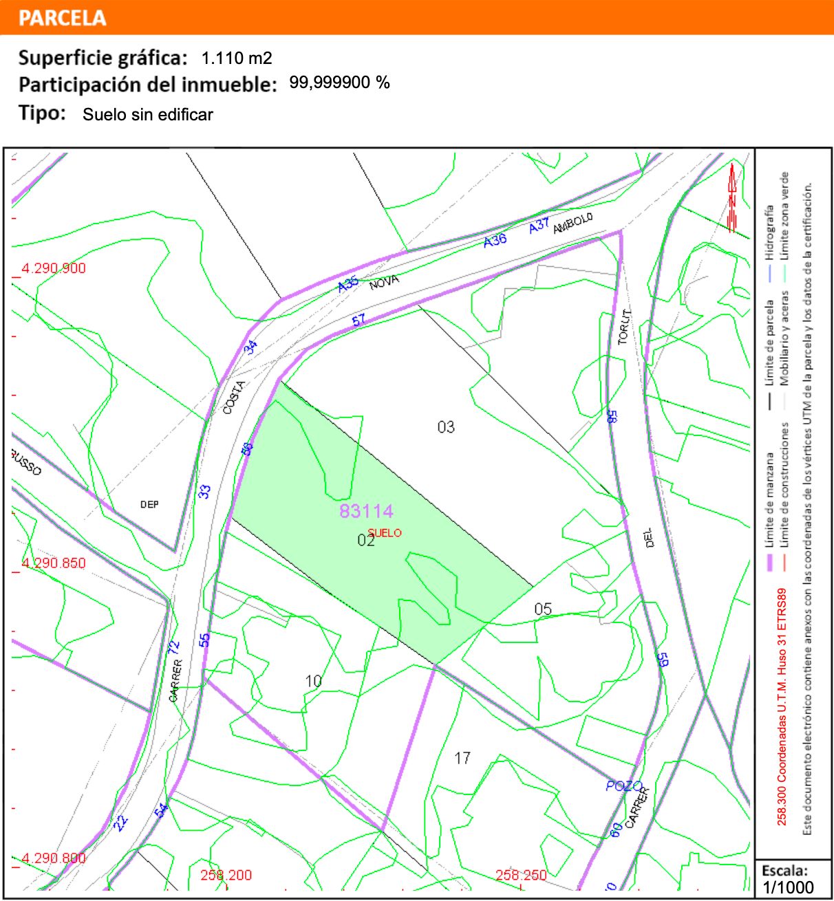 Detaillierter Katasterplan des 1.110 m² großen Grundstücks in Costa Nova, Jávea, mit Darstellung der exakten Grenzen und der umliegenden Zufahrtsstraßen.