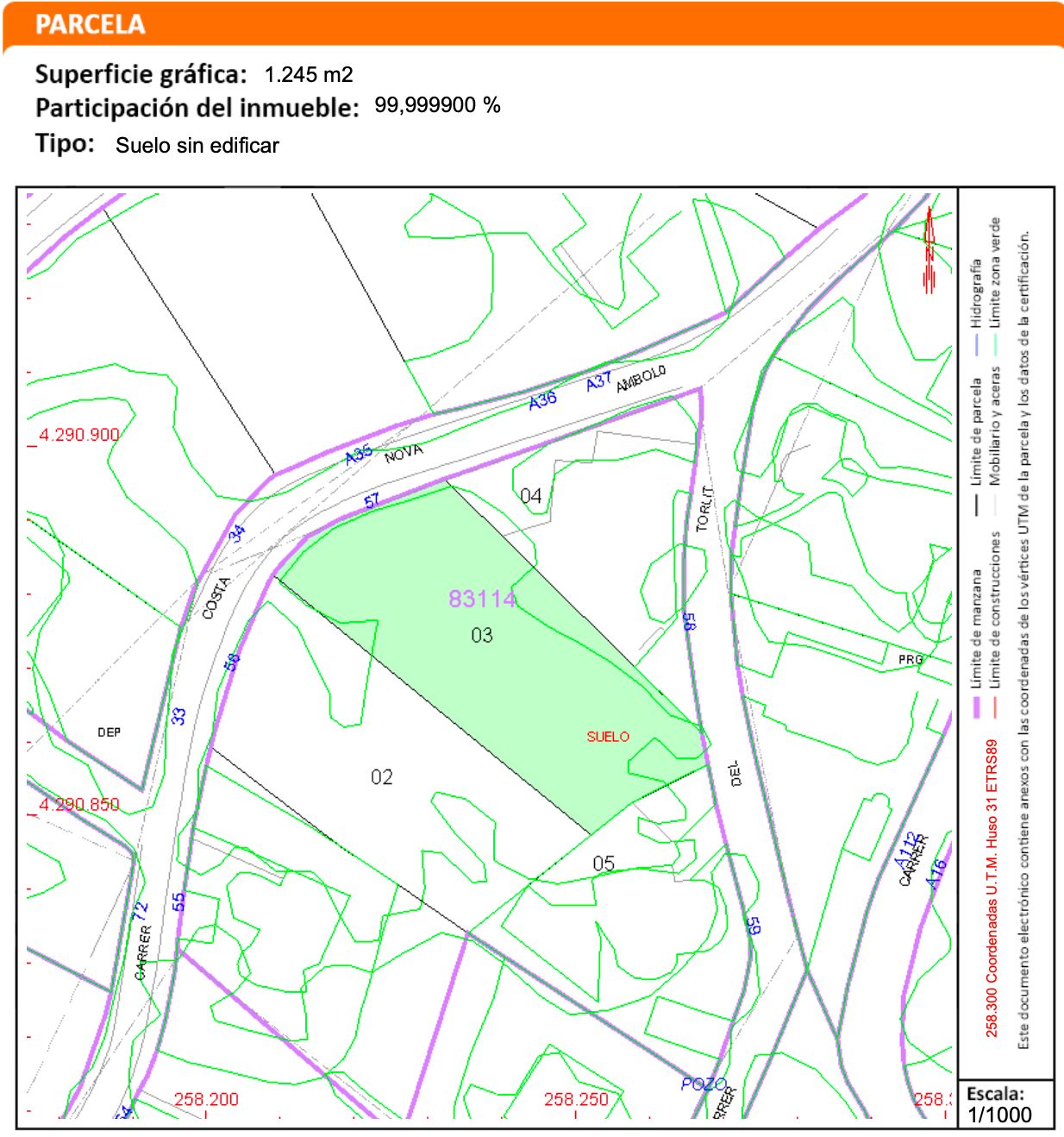 Detaillierter Katasterplan des 1.245 m2 großen Grundstücks in Jávea mit genauen Grenzen und Zugang über die Straßen Costa Nova und Ambolo.
