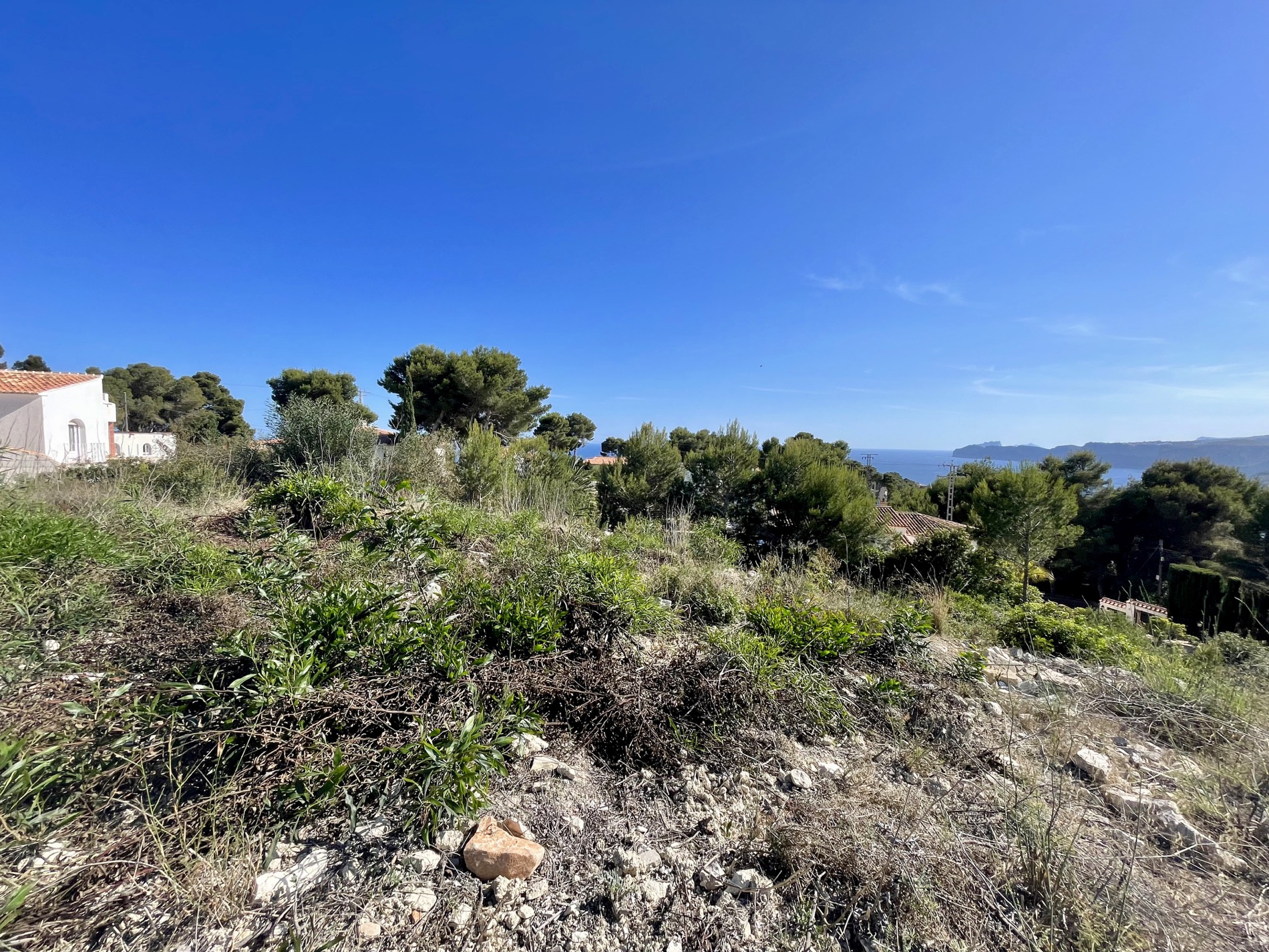Erhöhter Blick auf das Baugrundstück mit mediterraner Vegetation und Pinien, das eine weite Sicht auf das Meer und die Küstenlinie von Jávea bietet.