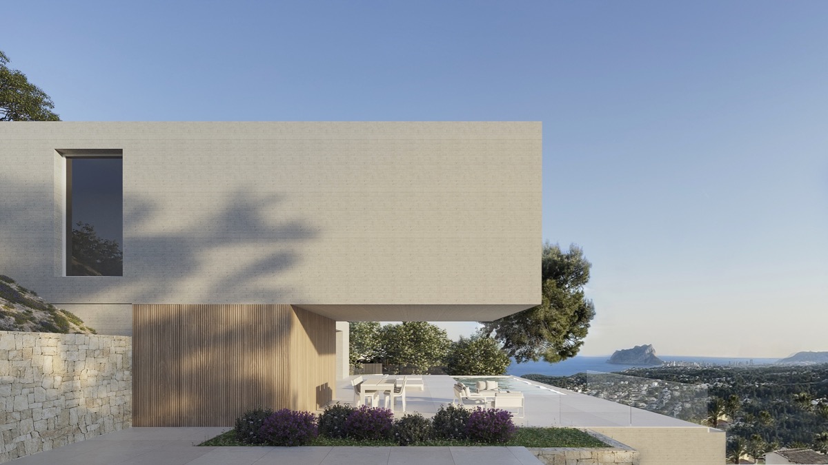 Minimalistische Fassade mit architektonischem Auskragung, Holzdetails und Infinity-Pool. Panoramablick auf das Meer und den Peñón de Ifach.