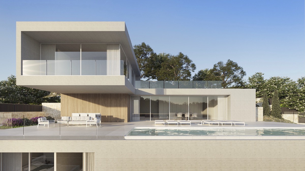 Moderne Architektur mit auskragendem Obergeschoss, Infinity-Pool und weitläufiger Terrasse. Fassadendetails aus hellem Naturstein und edlem Holz.