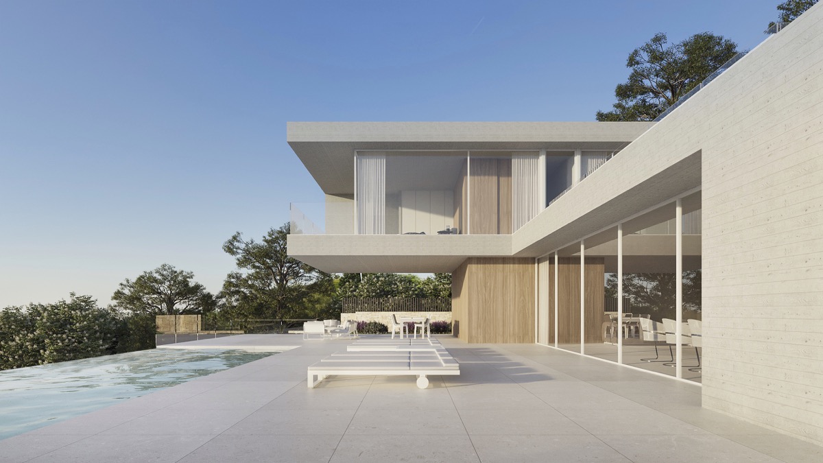 Moderne Villa mit auskragendem Obergeschoss, Holzverkleidung und bodentiefen Fenstern, angrenzend an eine Steinterrasse mit Infinity-Pool.