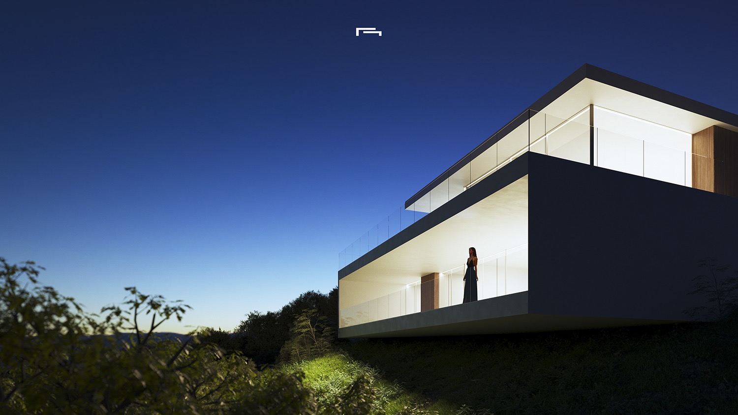 Außenansicht der modernen Villa bei Nacht mit architektonischen Auskragungen, Glasgeländern und warmer Beleuchtung an der minimalistischen weißen Fassade.