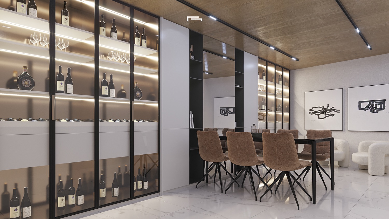Design-Weinkeller mit hinterleuchteten Glasvitrinen, Verkostungstisch mit Polsterstühlen und Holzdecken mit integrierter Schienenbeleuchtung.