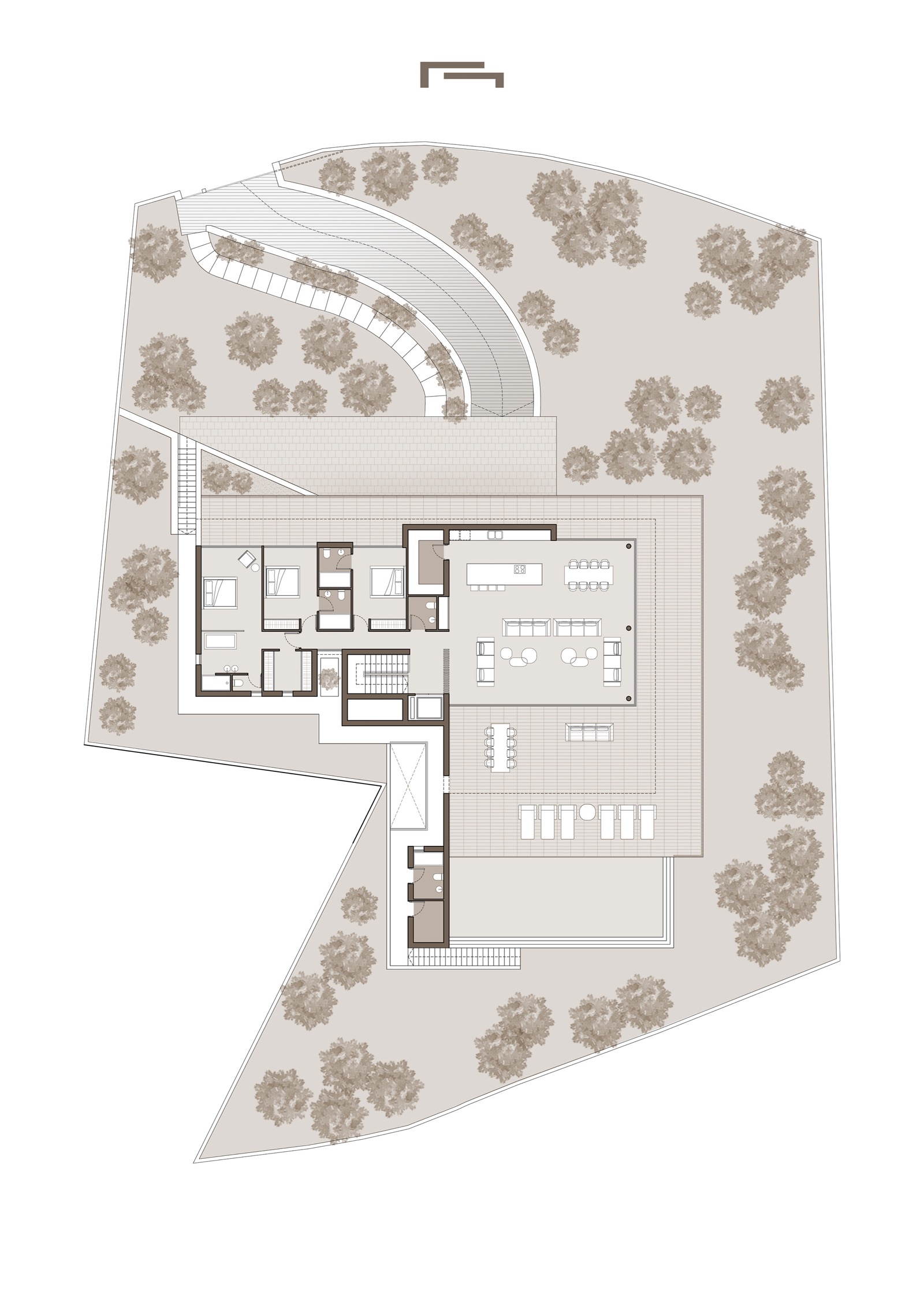 Detaillierter Grundriss des Obergeschosses mit drei Schlafzimmern en Suite, offenem Wohnbereich und einer großen Terrasse mit Infinity-Pool.