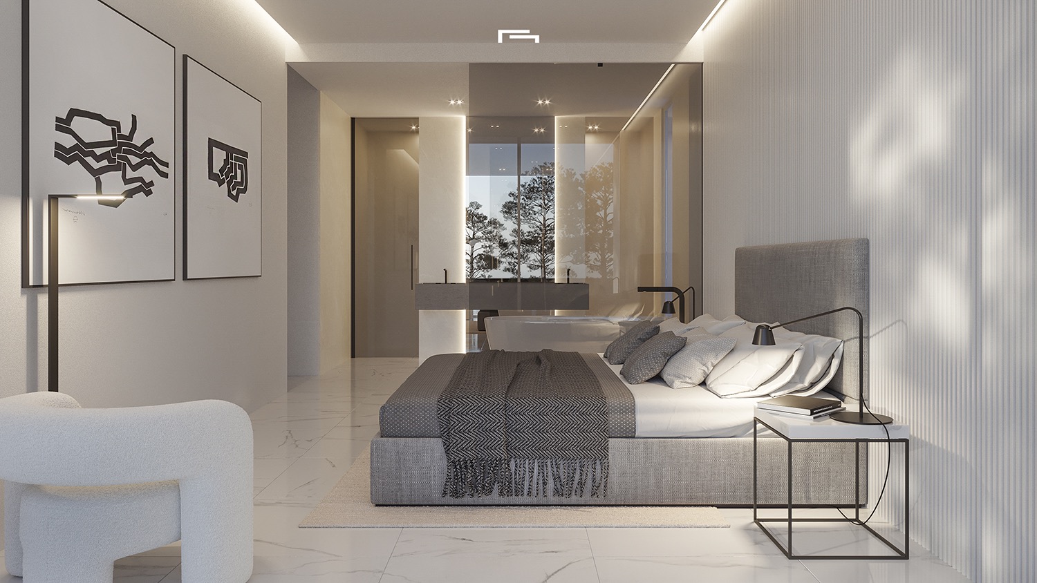 Hauptschlafzimmer mit offenem Badkonzept, freistehender Badewanne, Marmorboden und strukturierten Wandpaneelen in modernem Design.