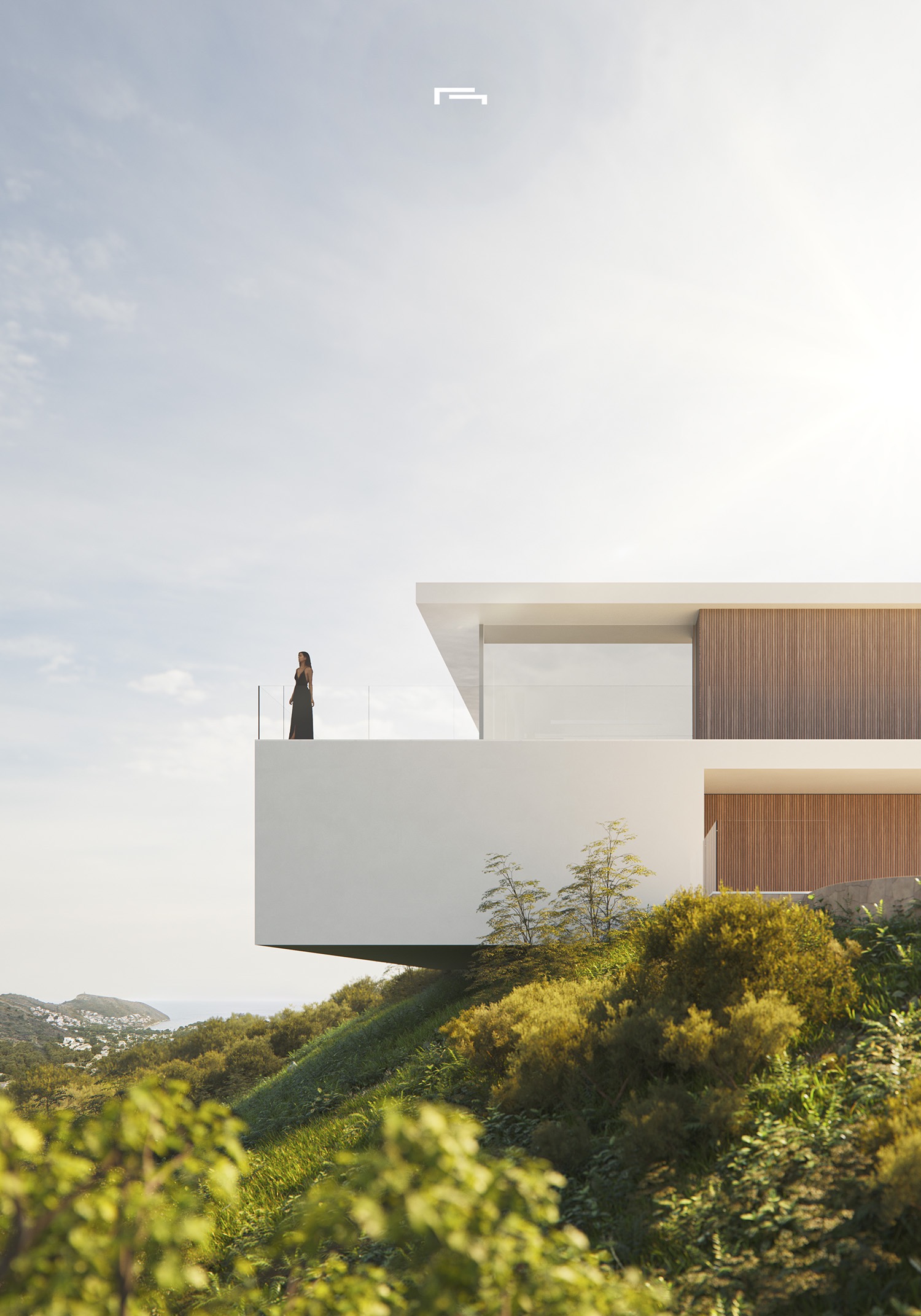 Minimalistische Fassade mit weißen, auskragenden Strukturen und Holzlamellen auf einem Hügel mit Panoramablick auf das Meer.