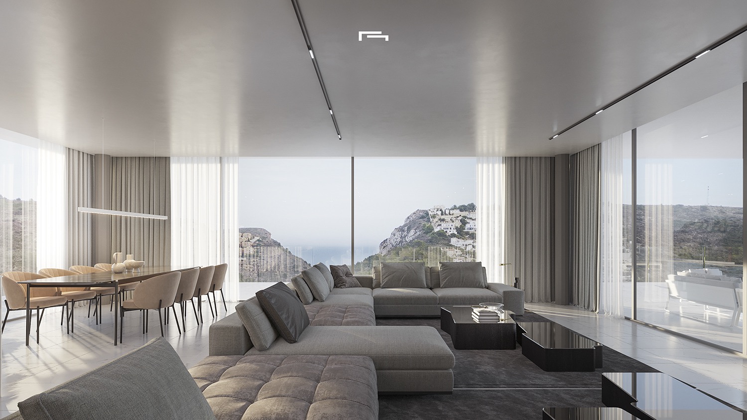 Offener Wohn- und Essbereich mit bodentiefen Glasfronten, Panoramablick auf das Meer, großem Modulsofa und minimalistischer Schienenbeleuchtung.
