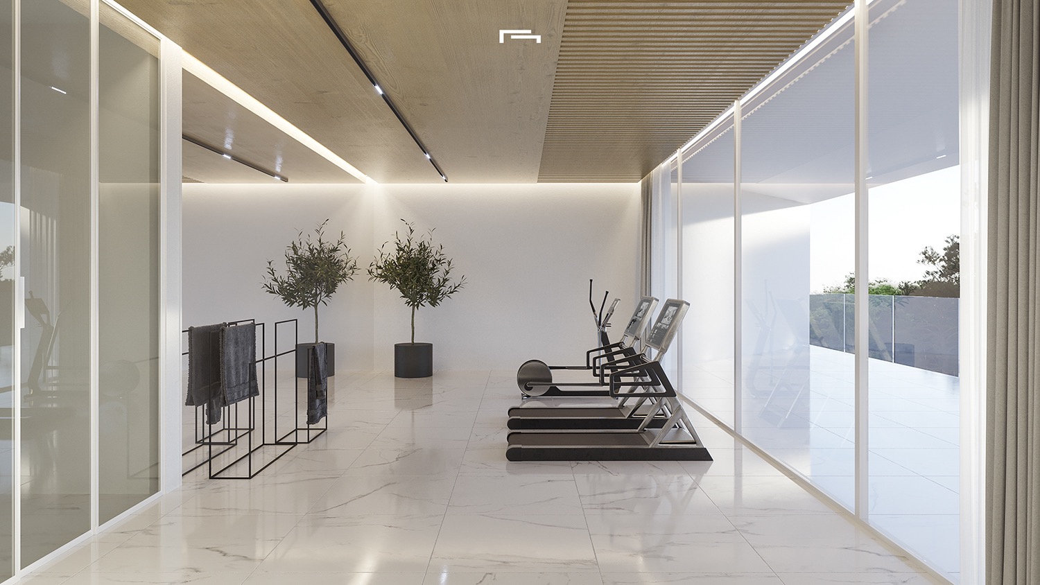 Privater Fitnessraum mit weißem Marmorboden, Holzdeckenpaneelen und bodentiefen Glasfronten. Ausgestattet mit Laufbändern und modernster LED-Beleuchtung.
