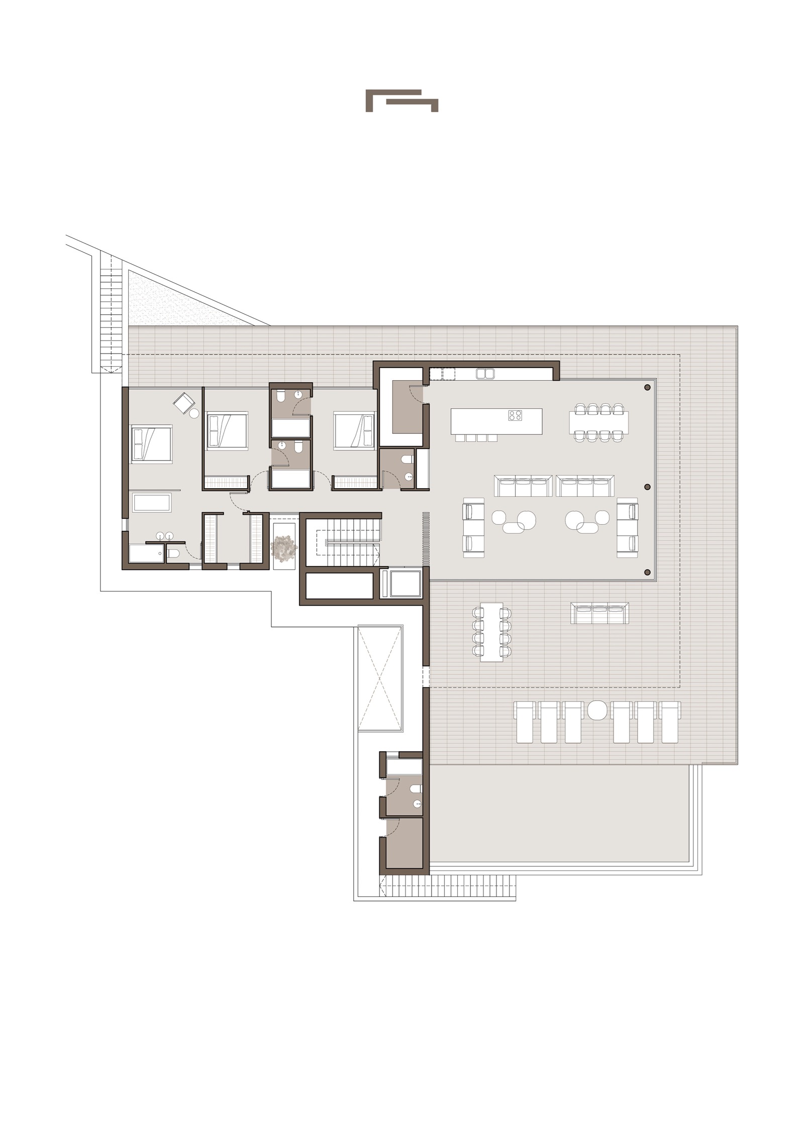 Technischer Grundriss des Obergeschosses mit offenem Wohn-Essbereich, Inselküche, drei En-Suite-Schlafzimmern und großzügiger Terrasse samt Poolbereich.