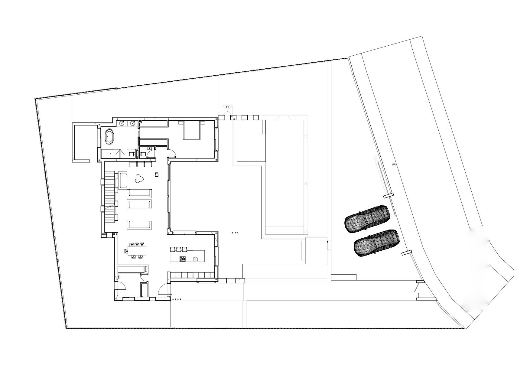 Architektonischer Plan der Villa, der die Aufteilung der Innen- und Außenbereiche zeigt, einschließlich Pool und Parkplatz.