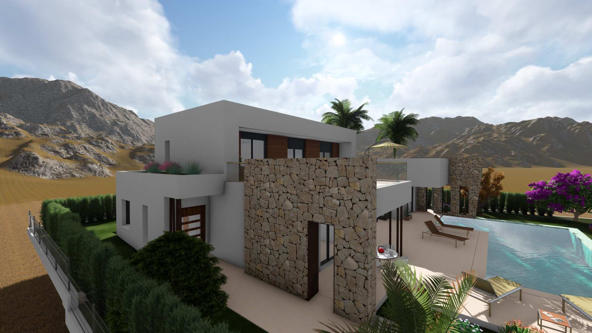 Außenansicht der Villa mit Steinfassade und privatem Pool.