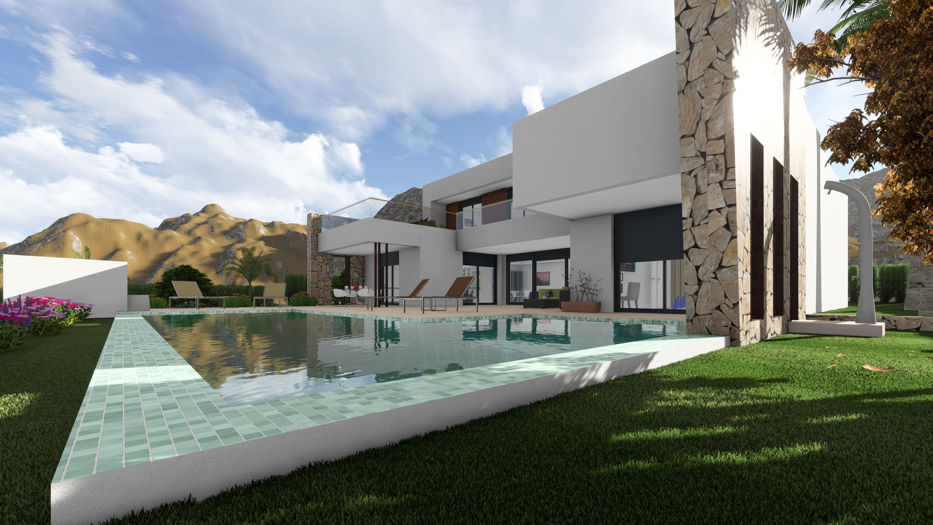 Blick auf den Pool mit türkisfarbenem Mosaikrand und moderne Villa mit Natursteindetails und Rasen.
