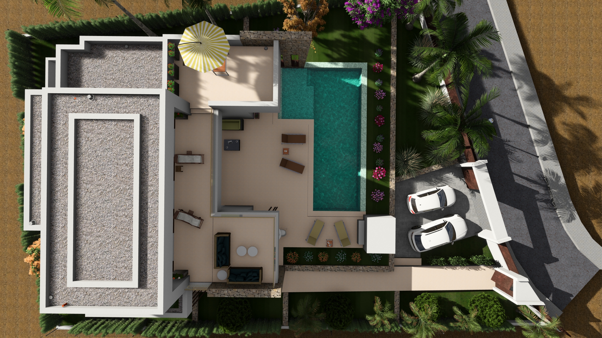 Luftaufnahme der Villa mit rechteckigem Pool, Garten und Parkplatz mit zwei Autos.