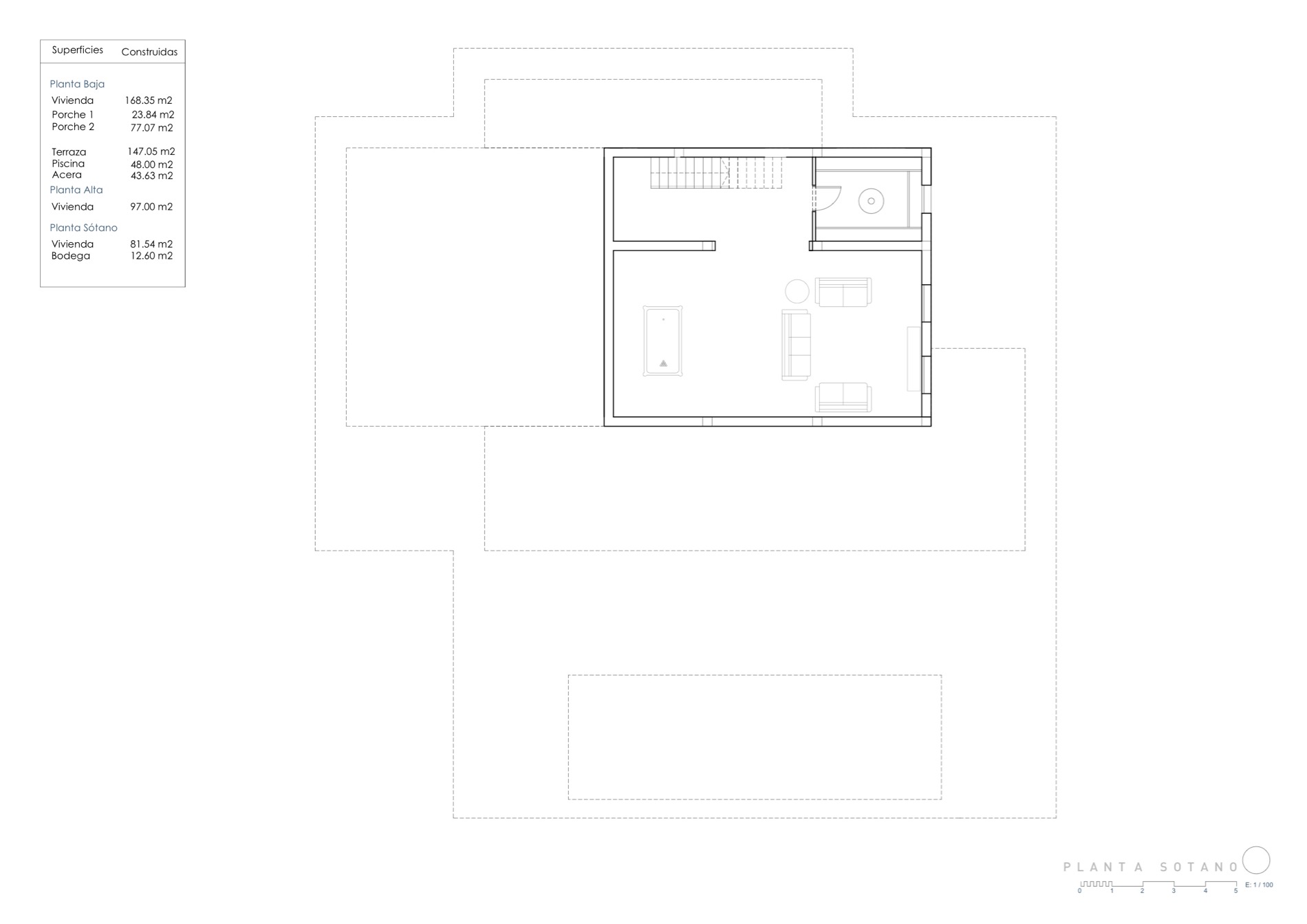 Architektonischer Grundriss des Erdgeschosses mit der Anordnung von Haus, Terrasse und Pool.