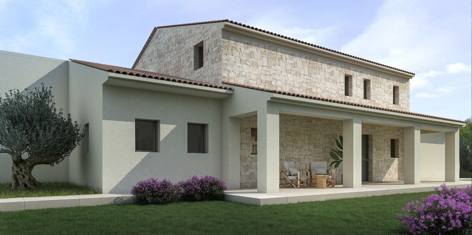 Außenansicht der Villa mit überdachter Terrasse und Natursteinfassade.