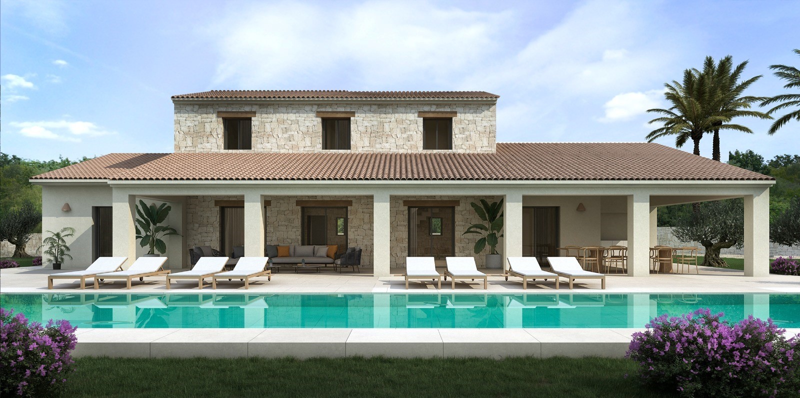Fassadenansicht der Villa mit türkisfarbenem Pool und weißen Liegestühlen. Steinverkleidung.