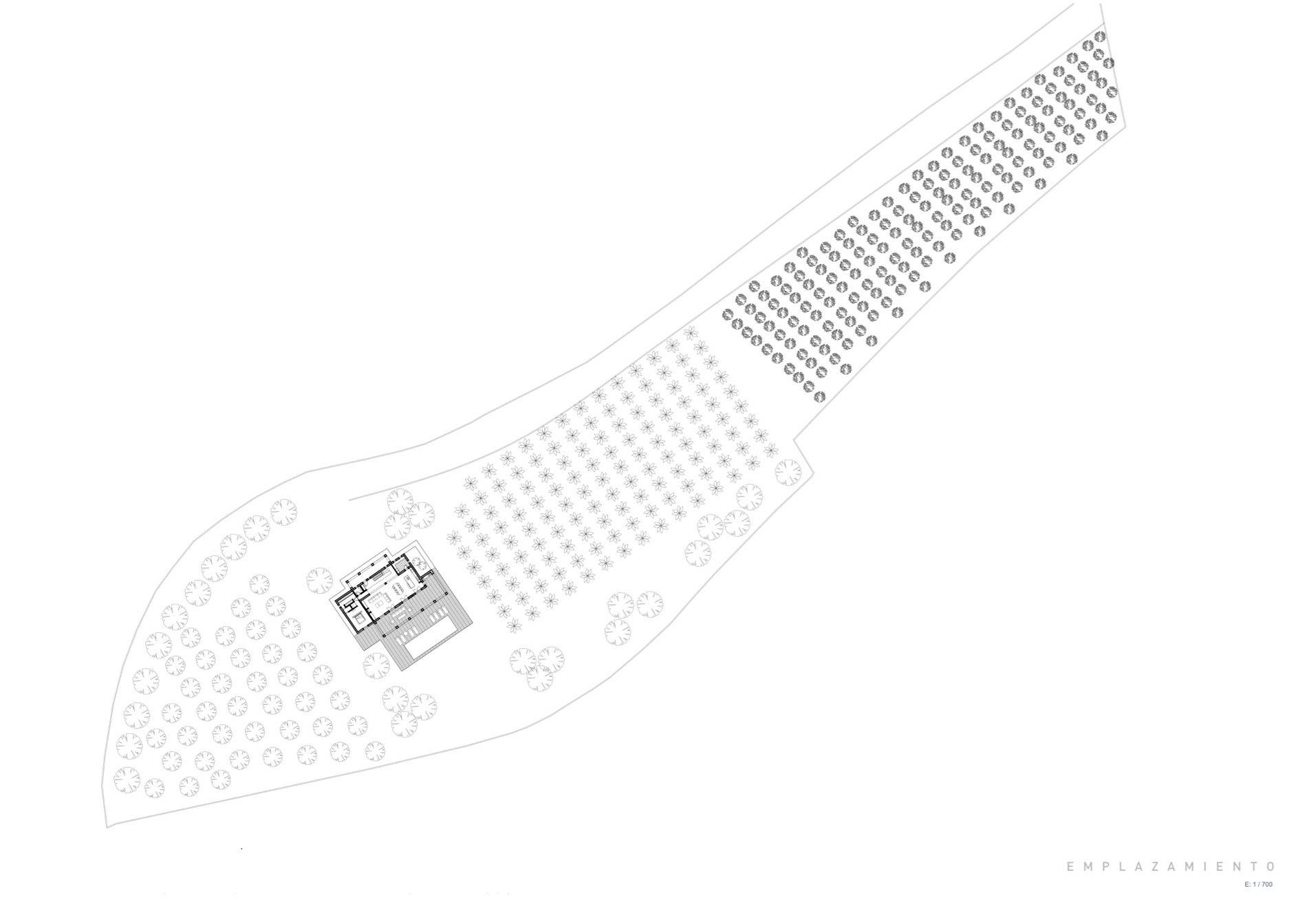 Grundriss der Villa in Jávea mit Pool und bewaldetem Garten.