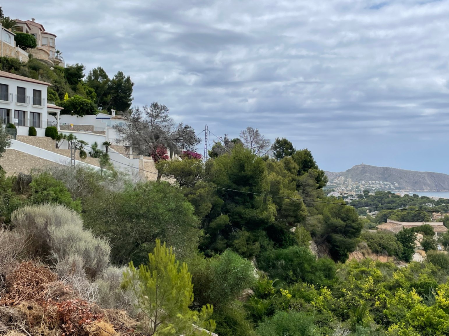 Erhöhte Aussicht vom Grundstück in Benimeit mit mediterraner Flora, Steinmauern und Fernblick auf das Meer und die Landzunge Cap d'Or.