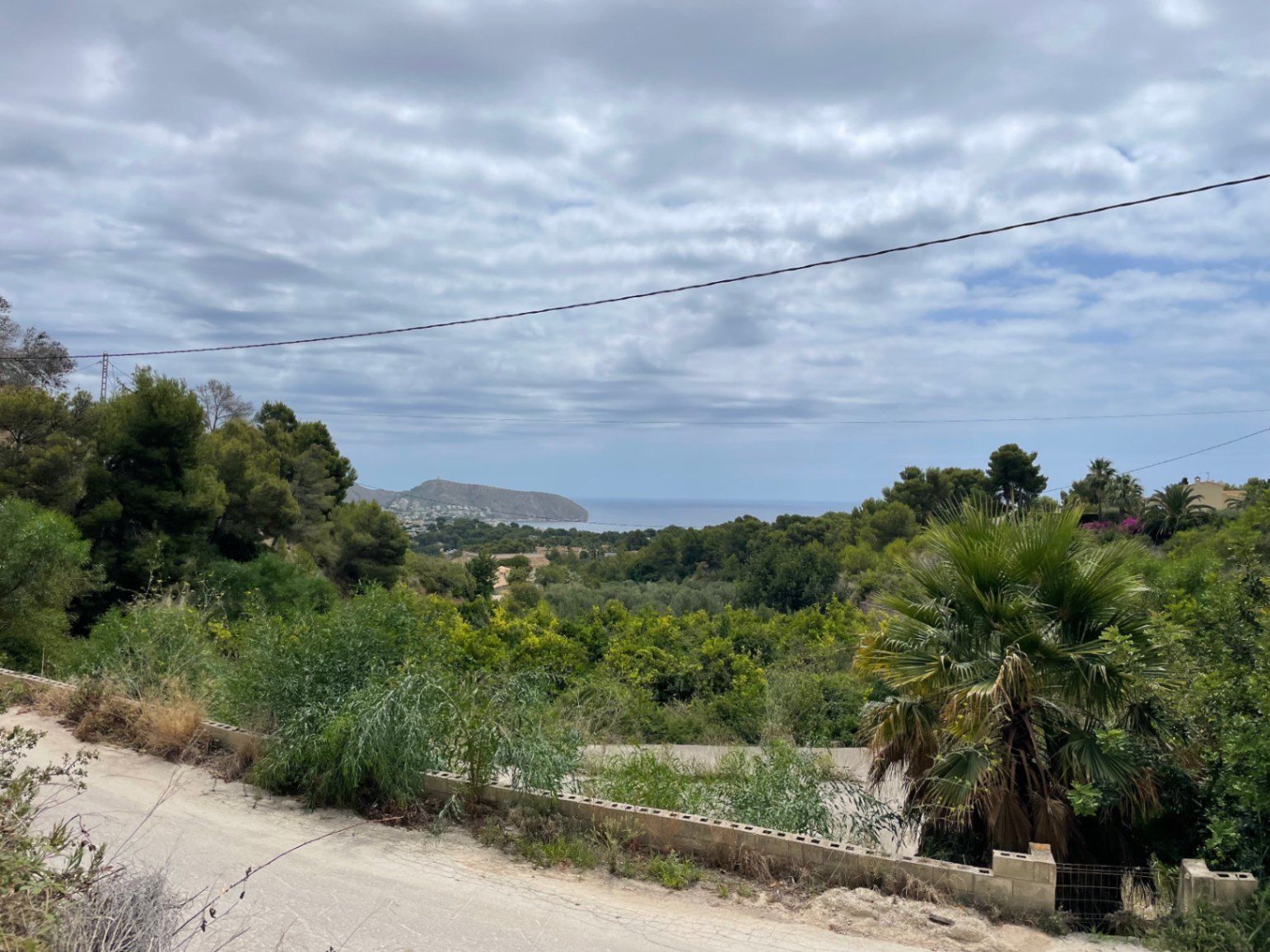 Erhöhter Panoramablick auf das Mittelmeer und die Küste von Moraira, eingebettet in eine Landschaft aus Pinien und mediterraner Vegetation.
