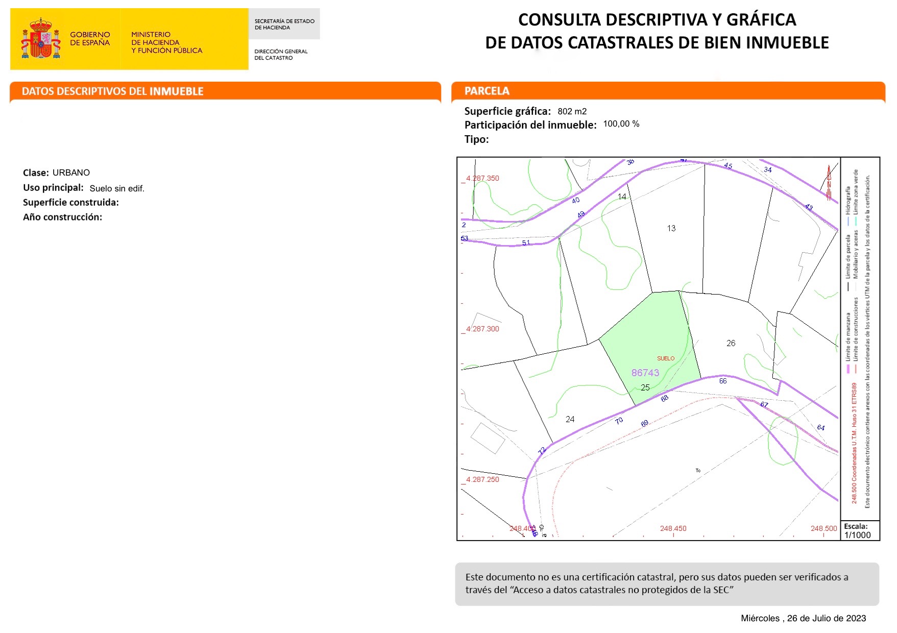 Offizieller Katasterplan des 802 m2 großen Stadtgrundstücks mit technischen Grenzen, geografischer Lage und grafischen Flächendaten.