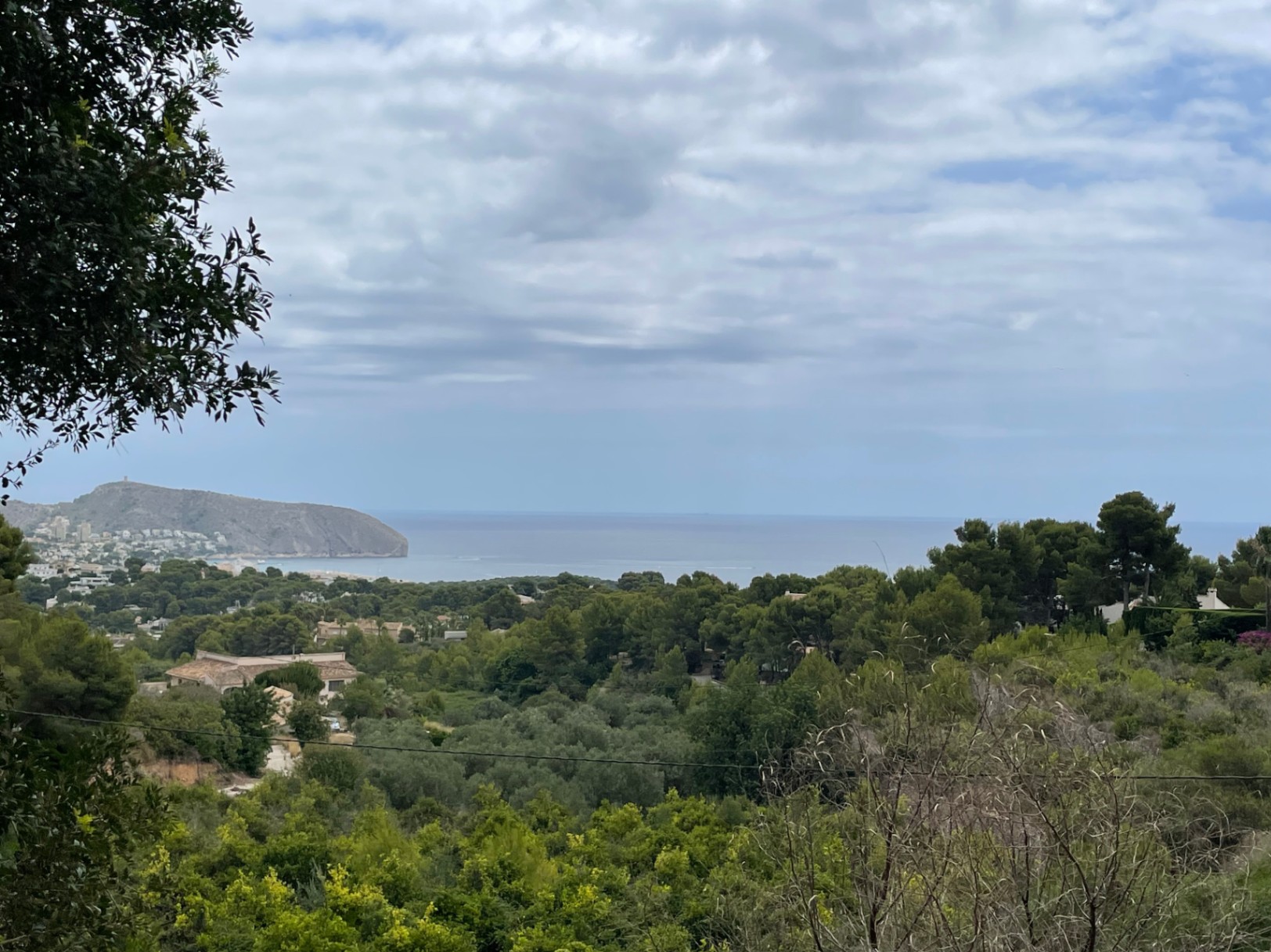 Panoramablick auf das Mittelmeer und das Cap d'Or vom erhöhten Grundstück in Benimeit, umgeben von Pinien und mediterraner Vegetation.