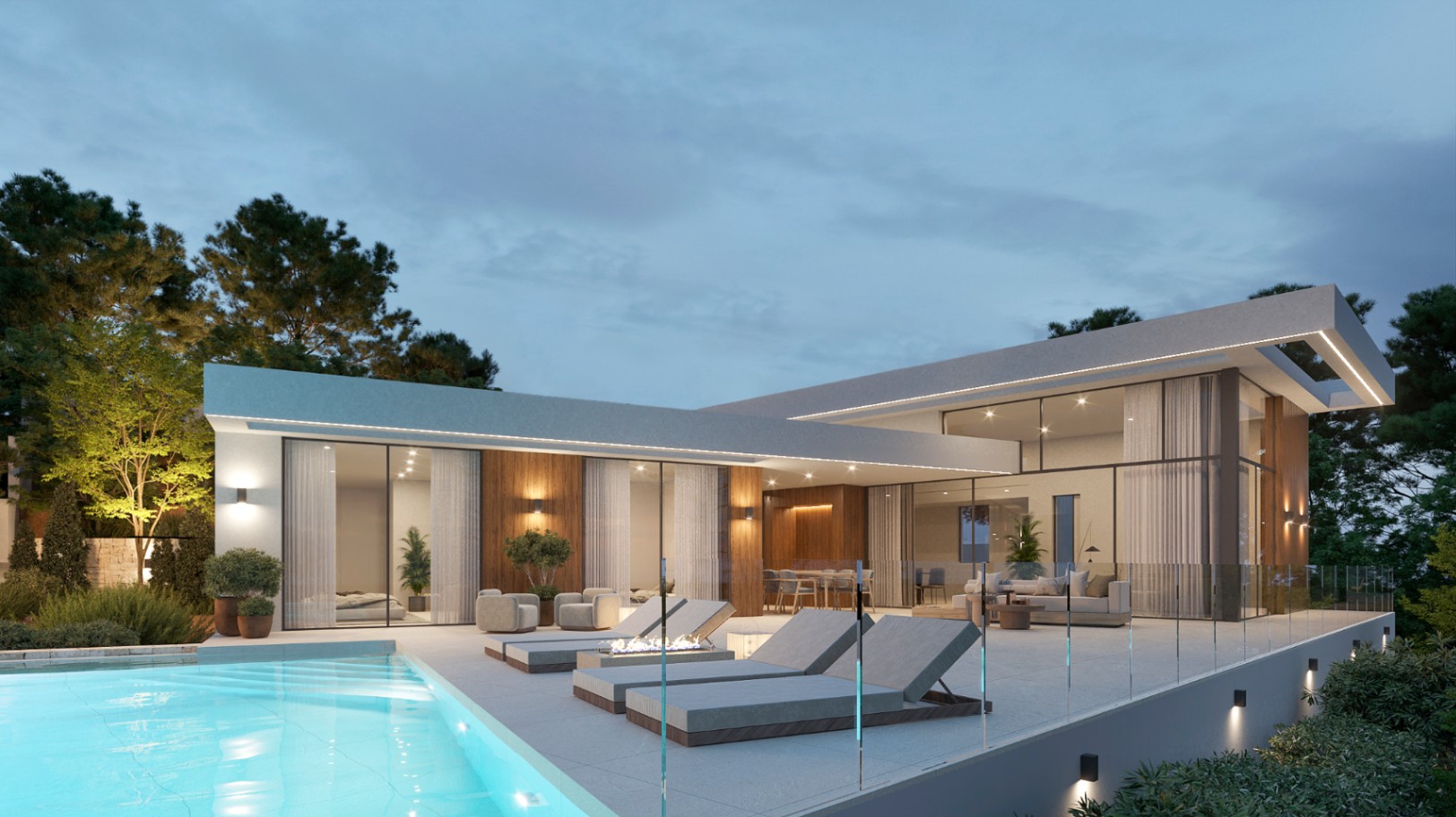 Außenansicht der modernen Villa bei Dämmerung mit beleuchtetem Pool, Terrasse mit Glasgeländer, Lounge-Bereich mit Feuerstelle und Fassadendetails aus Holz.