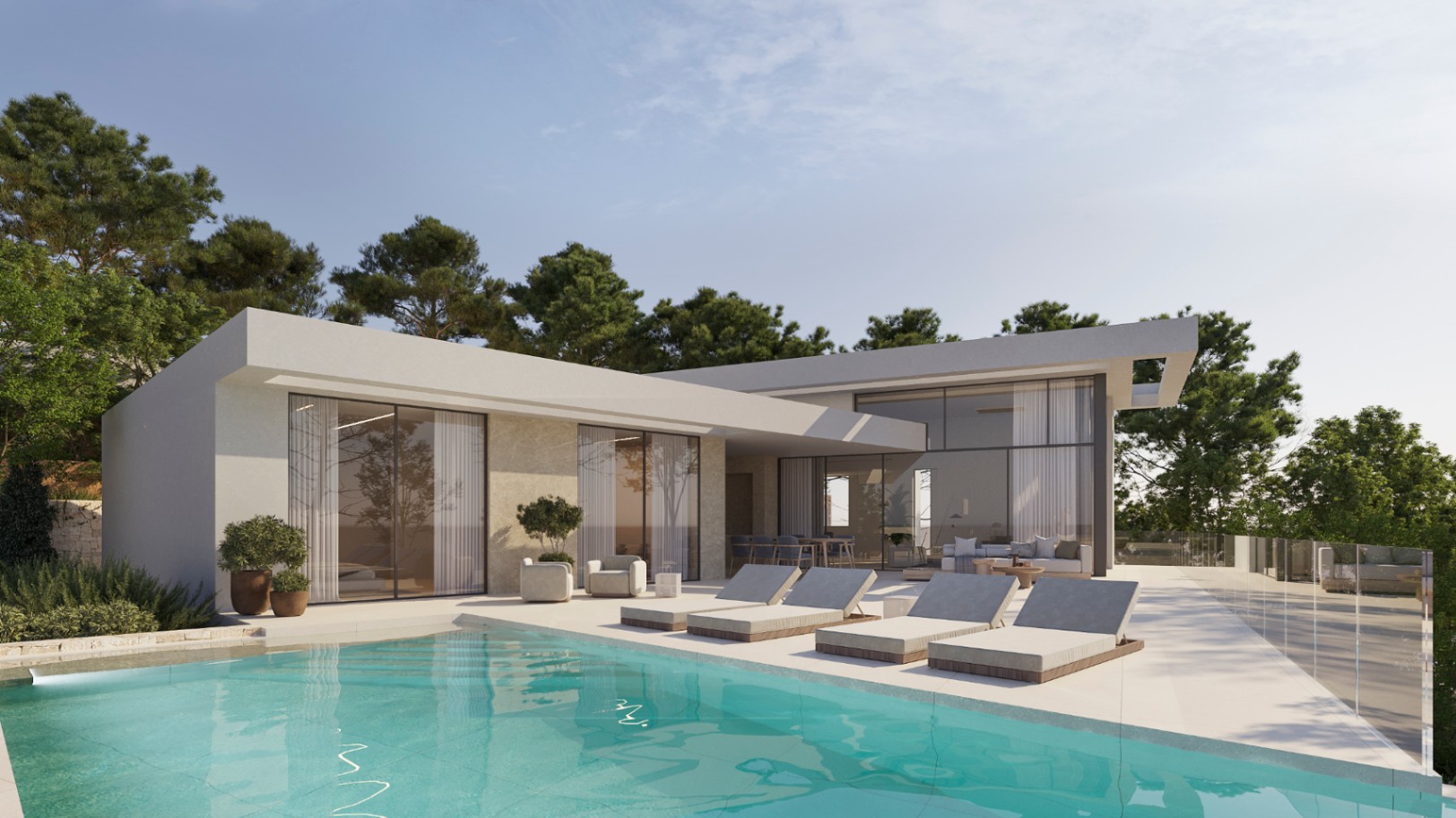 Außenansicht der modernen Villa mit 40 m² Pool, Sonnenterrasse mit Liegen und minimalistischer Fassade mit bodentiefen Glasfronten und Natursteinelementen.