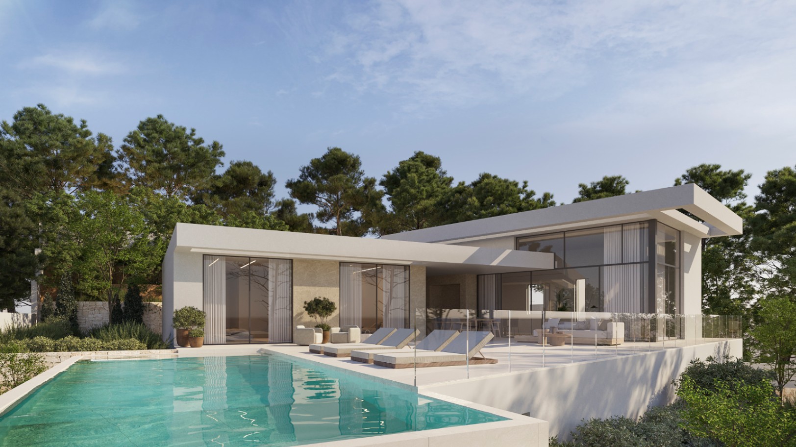 Moderne Außenfassade mit Infinity-Pool, großzügiger Terrasse mit Glasgeländer und bodentiefen Fenstern inmitten von mediterranen Pinien.